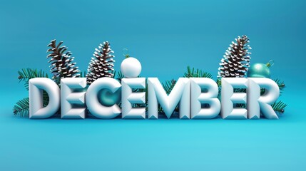 3D December Text with Pine Cones and Snow: Winter Holiday Season