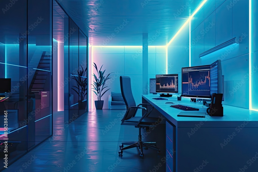 Aufkleber Modern office with neon lighting and multiple computer monitors displaying data charts, creating a futuristic work environment.