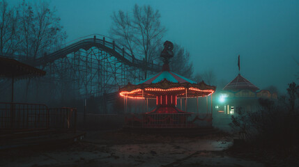 Abandoned amusement park in the fog at night with a carousel.