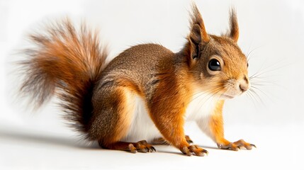 Obraz premium Eurasian red squirrel in front of a white background. 