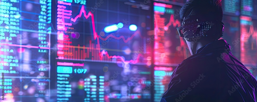 Poster person analyzing stock market data on a large screen, illuminated with neon lights and various graph