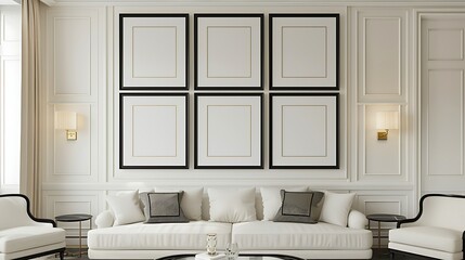 An elegant living room with an off-white wall, showcasing six empty black frames in a grid pattern.