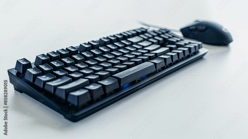 Poster close-up of a modern black mechanical keyboard and mouse on a white background. perfect for office w