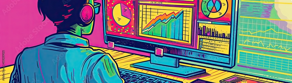 Poster Vibrant digital illustration of a person analyzing data on a computer screen, surrounded by colorful charts and graphs.