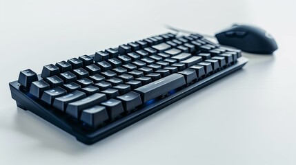 Close-up of a modern black mechanical keyboard and mouse on a white background. Perfect for office work setup or gaming enthusiasts. Stylish and sleek design with a professional purpose. AI