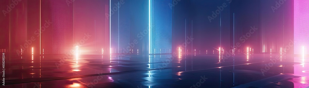 Aufkleber Futuristic neon lights reflecting on glossy surface, creating a vibrant and colorful abstract background for modern and tech-themed designs.