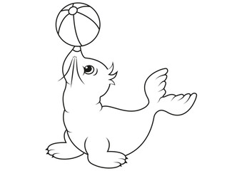 Black and White Cartoon Seal who Plays with the Beach Ball Vector Flat Designs, Ideal for Coloring Pages, Isolated on White Background