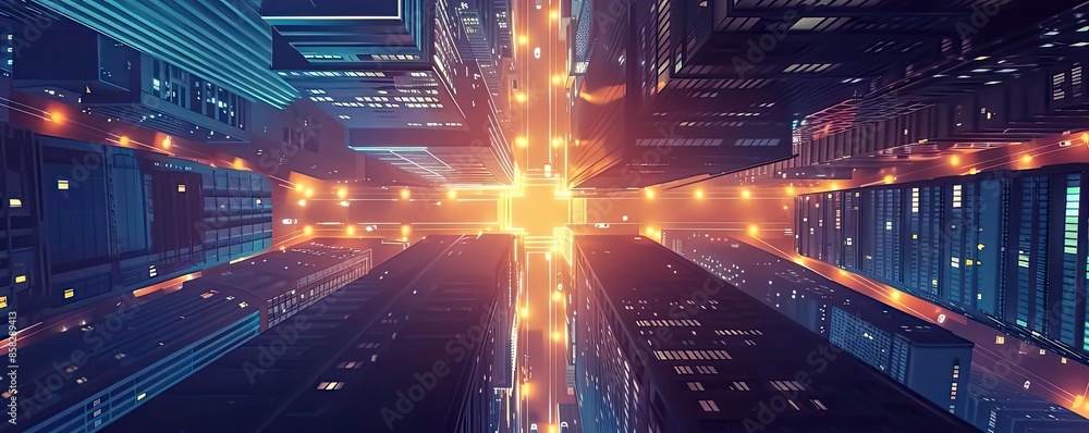 Poster aerial view of an illuminated city intersection at night with glowing lights and tall buildings, cre