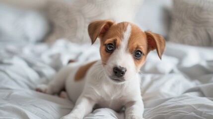 Obraz premium Cute Jack Russell puppy with folded ears small two months old on bed close up