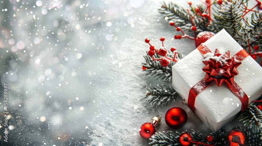 Poster a white box with a red bow on top sits on a snowy ground. generate ai image