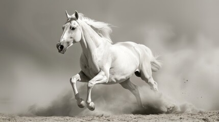 White Horse Galloping Through Dust