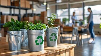 An office environment celebrating Earth Day, with employees participating in green activities, recycling bins, and plants around the workspace, promoting sustainability and environmental