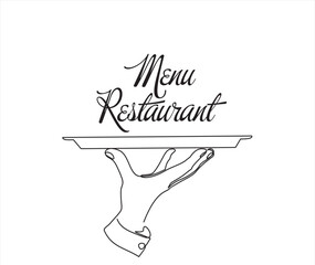 Continuous one single line drawing of Hand holding dish whith Restaurant menu. Menu food design. Illustration with quote template. Can used for menu restaurant sketch