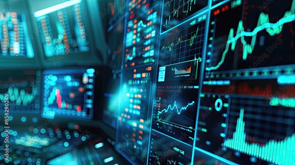 Poster close-up of financial trading graphs and stock market data on a computer screen, illustrating the co