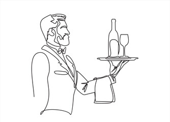 Continuous one line drawing of Waiter holding food tray with bottle and a glass. Drink menu. One line drawing. Restaurant menu concept. Menu drink  design. Bottle of champagne with a wine glass