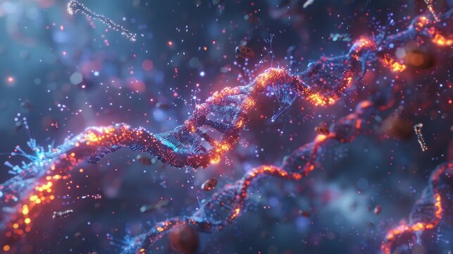 A digital illustration of a gene editing process, showing CRISPR-Cas9 molecules editing a DNA sequence, highlighting the potential for genetic evolution.