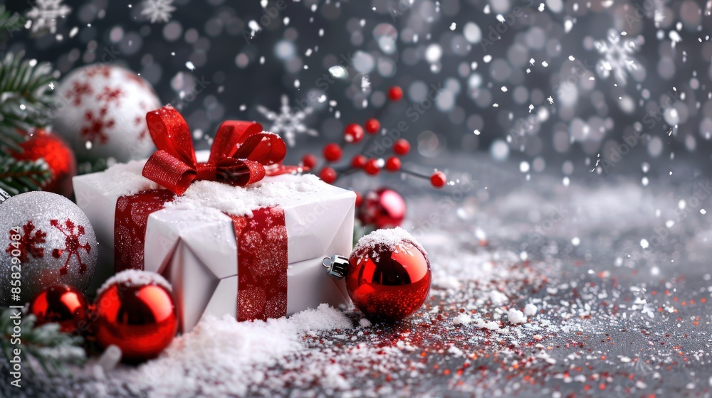 Poster a white box with a red bow on top sits on a snowy ground. generate ai image