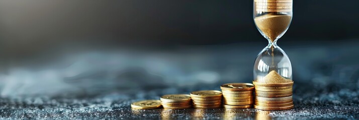 An hourglass is placed atop a stack of shiny gold coins