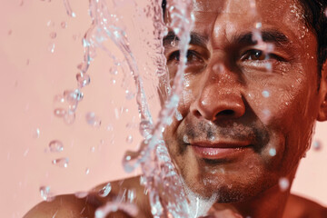 Middle-aged Latino man applies cleansing foam to his face on a pink background.