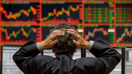A stressed stock trader holding his head in front of multiple stock market screens with fluctuating graphs and numbers.