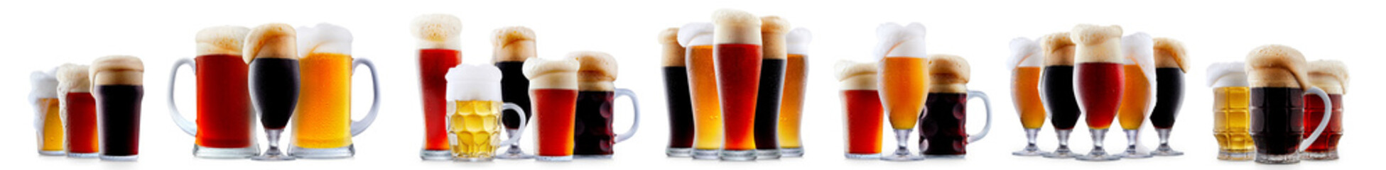 Set of beer cocktails with foam isolated on white background
