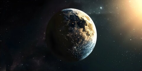 Obraz premium Planet in space with contrasting Yin Yang lighting in daylight. Concept Space Photography, Yin Yang Theme, Daylight Contrast, Planet Composition, Celestial Art