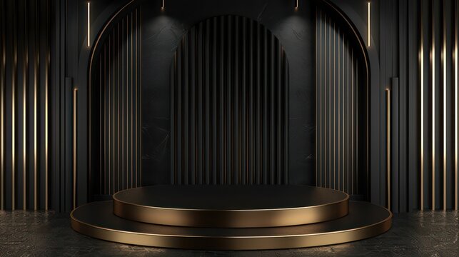 A luxurious black and gold stage with an arched background, vertical lines, and warm lighting, perfect for sophisticated presentations or events in an elegant setting.