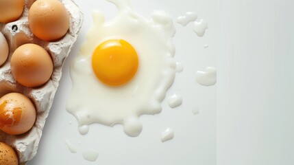 Conceptual image with raw eggs on white background space for text