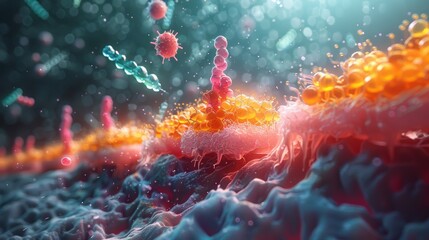 A macro shot of a cell membrane, with molecules moving in and out through protein channels, showcasing cellular metabolism and transport processes.