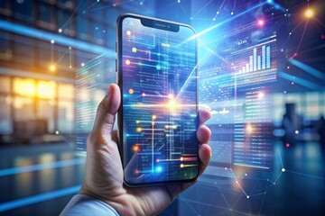 hand holding a smartphone, overlaid with multiple transparent layers of software interfaces, code snippets