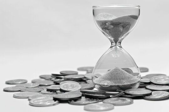 An hourglass with sand is placed on a stack of currency