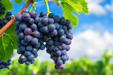 Naklejka premium Close-up of a bunch of grapes hanging on a vine in natural light