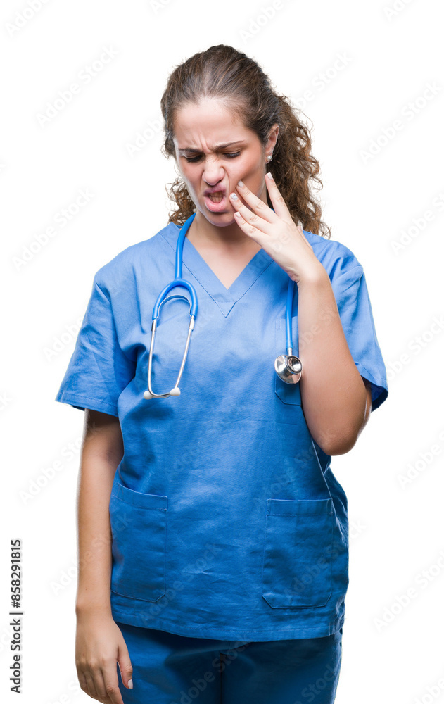 Sticker young brunette doctor girl wearing nurse or surgeon uniform over isolated background touching mouth 