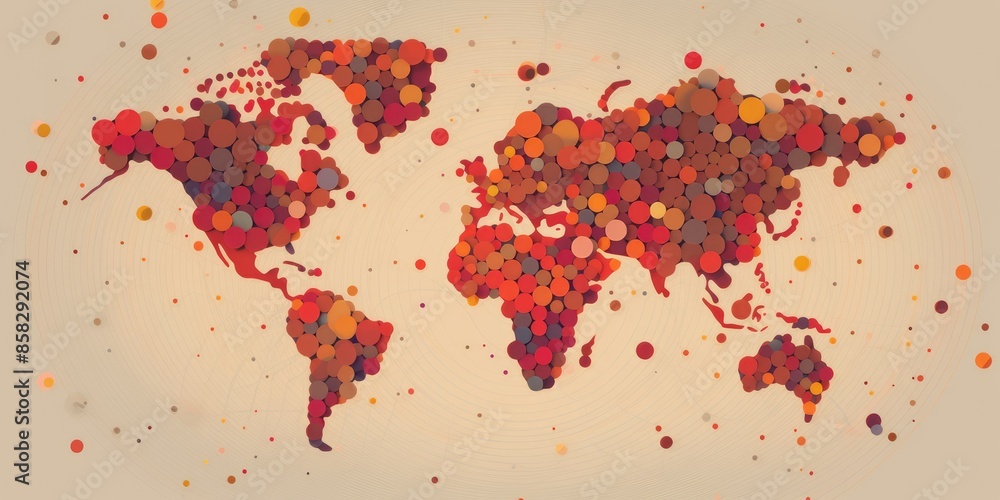 Poster stylized world map composed of multicolored circles on a white background with a modern artistic tou