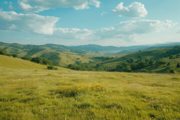 Obraz premium Summer alpine grasslands with blue sky and white cloud background