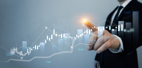 Business growth graph and investment analysis.Development and growth chart.Businessman draw graphic with rising arrows. Financial diagram graph and profit stock market chart. 