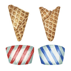 Obraz premium Crispy waffle cones and striped paper cups. Watercolor illustration of ice cream theme accessories. Realistic hand drawn clipart for cafe, stand, menu, culinary design, summer fair, marketing material