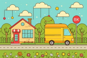 Colorful cartoon illustration of a suburban house with a yellow delivery van on a bright sunny day.