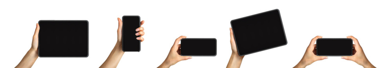 Mockup of smartphone, tablets and women's hands, concept of mobile shopping, taking a photo and selfie