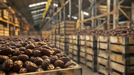 Dates harvested in wooden boxes in a warehouse. Natural organic fruit abundance. Healthy and natural food storing and shipping concept.