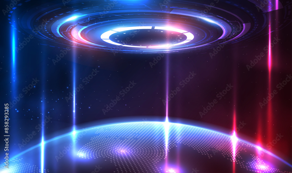 Poster portal spaceship and global world map network connection. hologram science futuristic. sci-fi digita