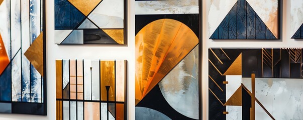 Close-up of a gallery wall adorned with a series of art deco inspired prints, each piece a blend of bold geometric shapes and metallic accents. 