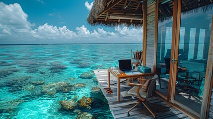 Overwater Tropical Villa with Turquoise Ocean View and Remote Work Setup