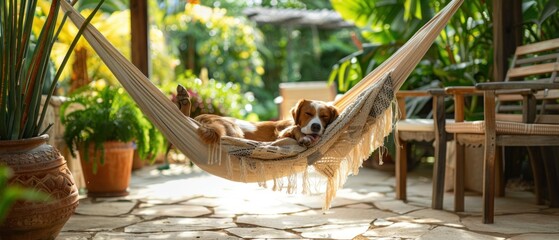 A serene patio with a person relaxing in a hammock while their dog sleeps at their feet The lush greenery and tranquil setting highlight the peaceful coexistence of pets and their owners