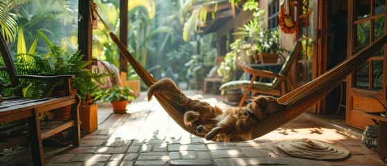 Naklejka premium A serene patio with a person relaxing in a hammock while their dog sleeps at their feet The lush greenery and tranquil setting highlight the peaceful coexistence of pets and their owners