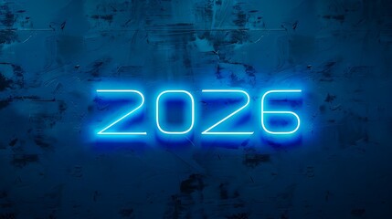 "2026" on an empty solid background with bright blue color, in a futuristic neon style. 32k, full ultra hd, high resolution