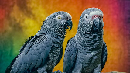 Obraz premium The image features two African grey parrots perched on a wooden branch inside a cage or aviary. These parrots are characterized by their medium-sized, grey plumage, and bright red tail feathers.