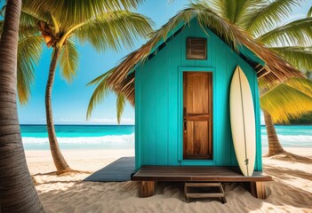 surfboard leaning beach shack tropical summer coastal scene, paradise, wooden, structure, seaside, vacation, destination, travel, leisure, ocean, waves