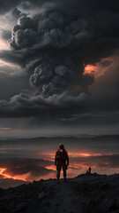 A lone figure stands dwarfed by majestic mountains ablaze with a fiery sunset