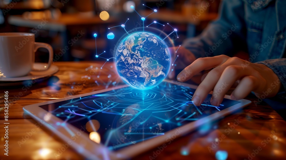 Poster person interacting with a futuristic tablet emitting a glowing holographic globe. concept of global 